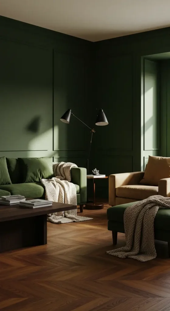 A rustic dark living room with a leather couch