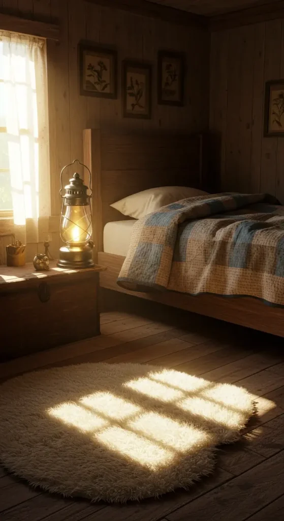 A Rustic Room With A Wooden Bed Frame