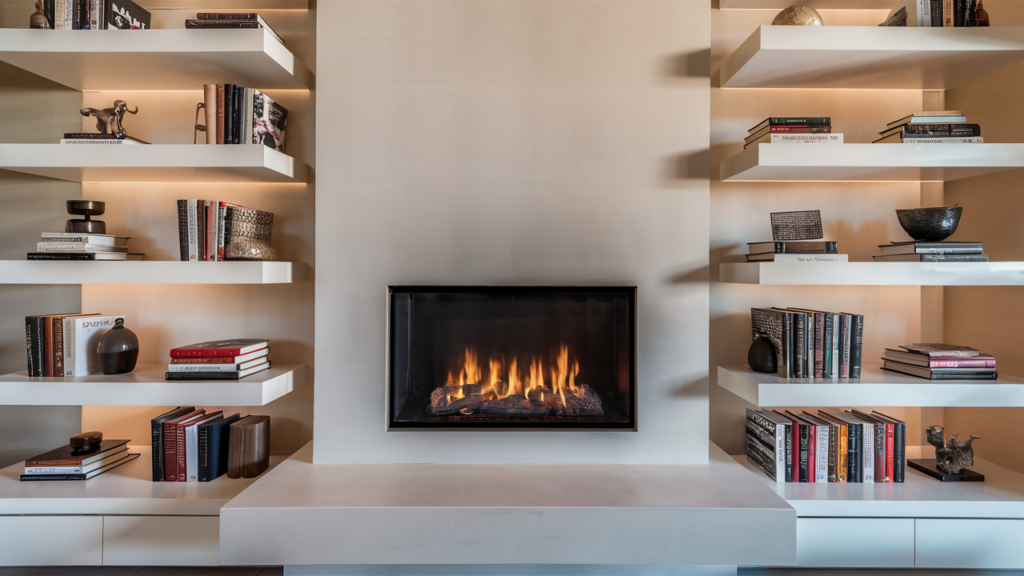 A Stylish And Modern Living Space Features A Sleek, Minimalist Fireplace