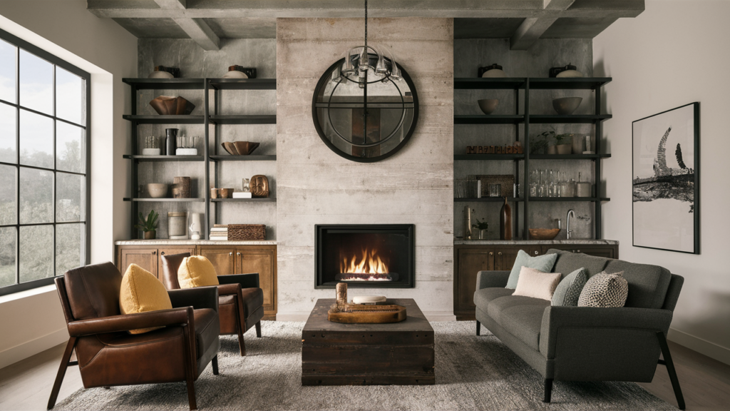 An Industrial-style Fireplace Paired With Exposed Metal Shelving