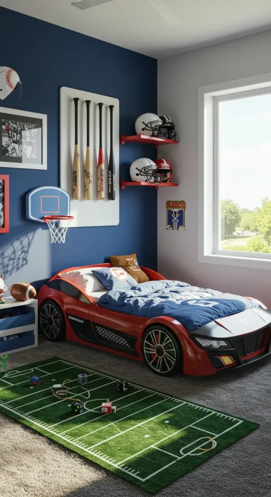 Basketball-themed Kids’ Sports Bedroom With Mini Hoop