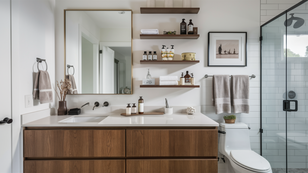 Bathroom With Open Shelving Above The Vanity