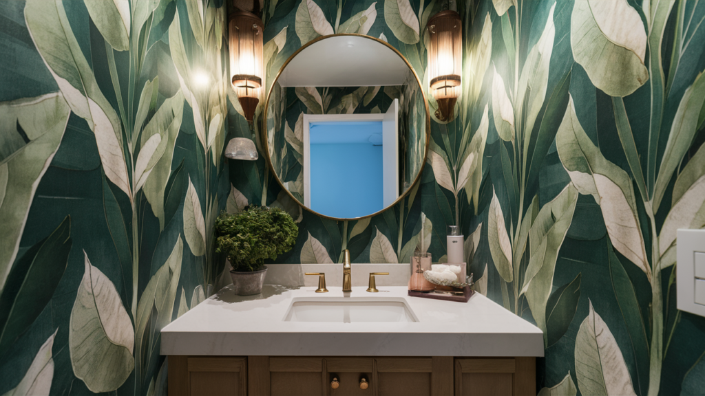 Botanical-inspired Wallpaper With Large Leafy Bathroom