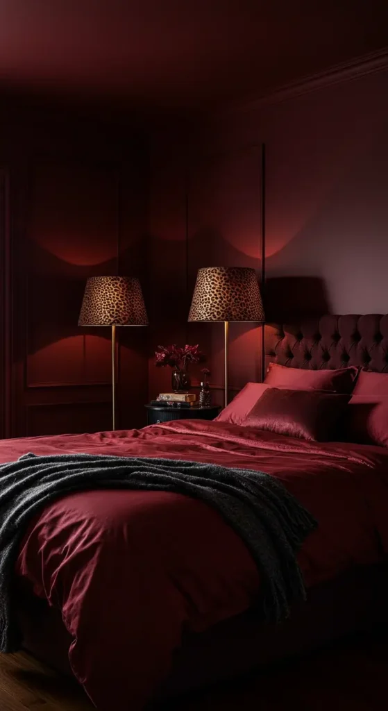 Chic Bedroom With Red Chandeliers And Cheetah Print Decor