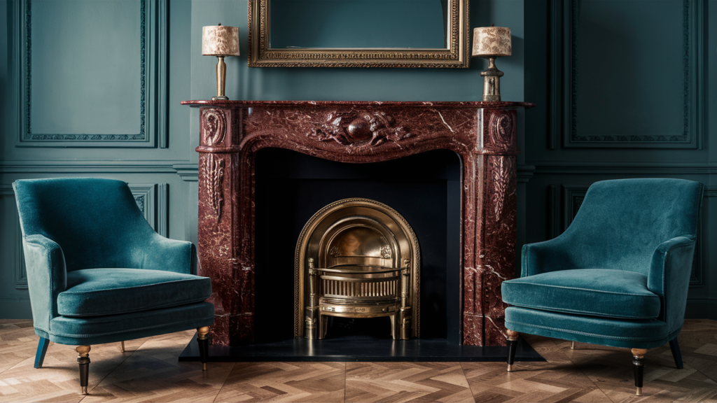 Classic Marble Fireplace With An Intricate, Ornate Design