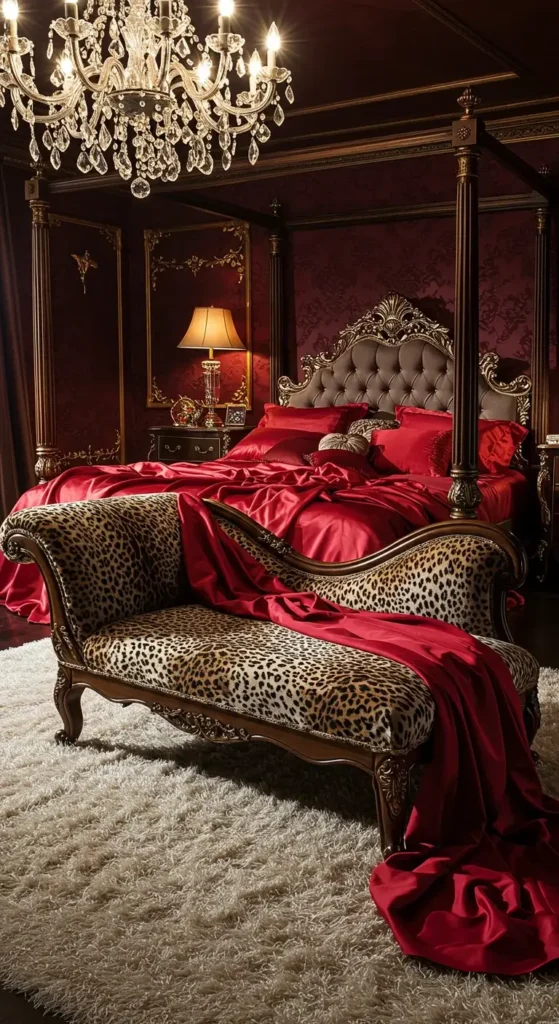 Cozy Reading Nook In A Red And Cheetah-themed Bedroom