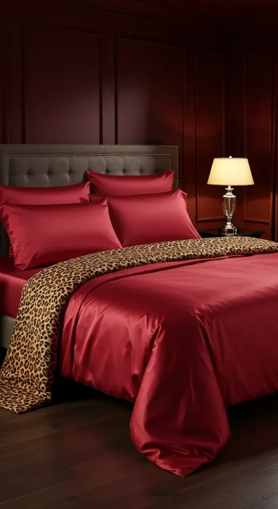 Dramatic Red Bedroom With Cheetah Wall Art And Soft Lighting