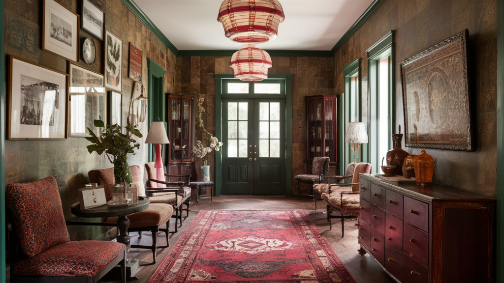 Eclectic Hall Room Featuring A Blend Of Vintage Furniture