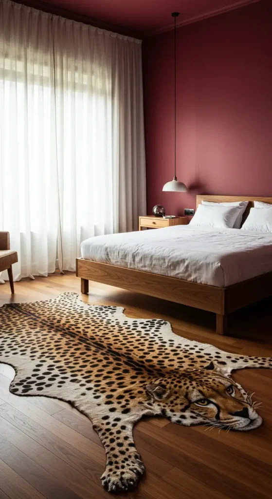 Elegant Bedroom with Red Velvet Bed and Cheetah Rug