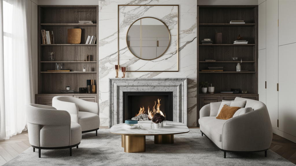 Elegant Marble Fireplace Surround With A White And Grey Veined Marble