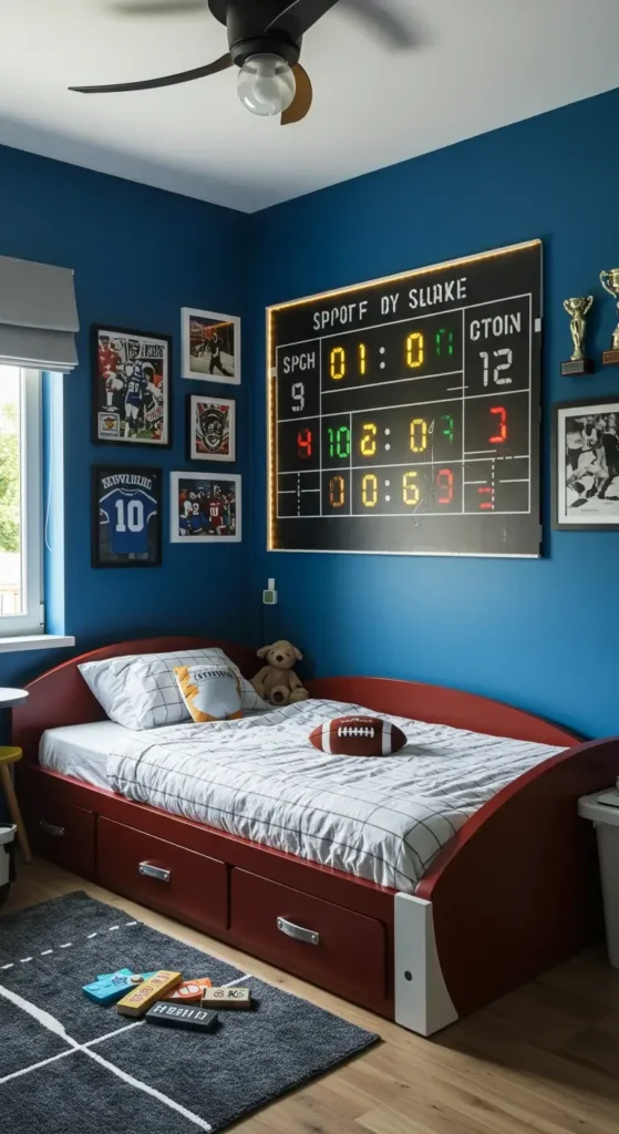 Football Bedroom With Helmet Display And Stadium Backdrop