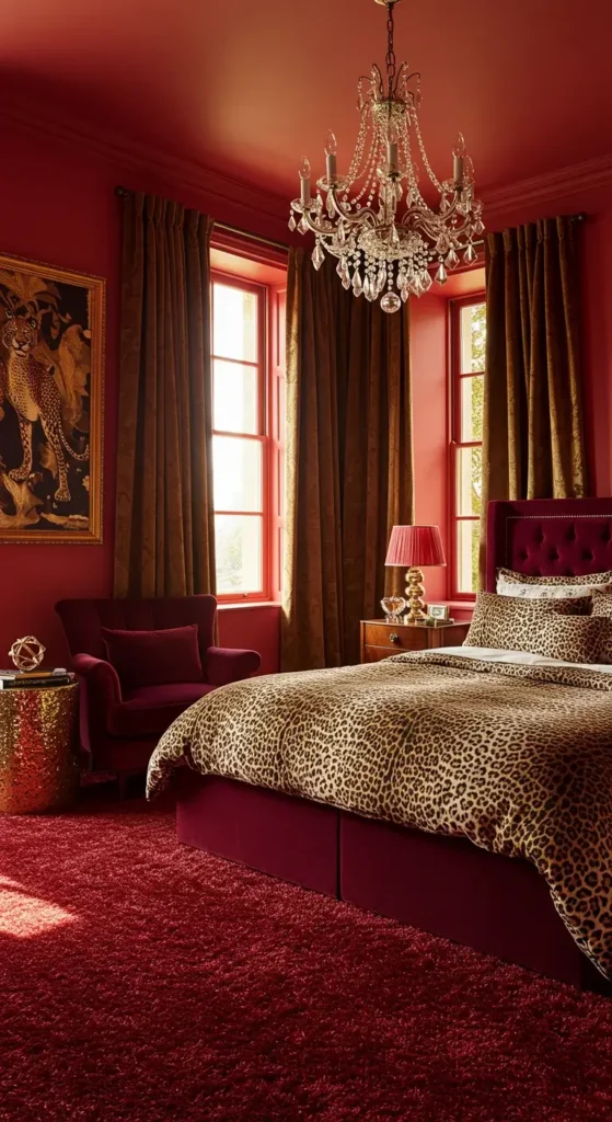 Glamorous Red Bedroom With Cheetah Print Bedding