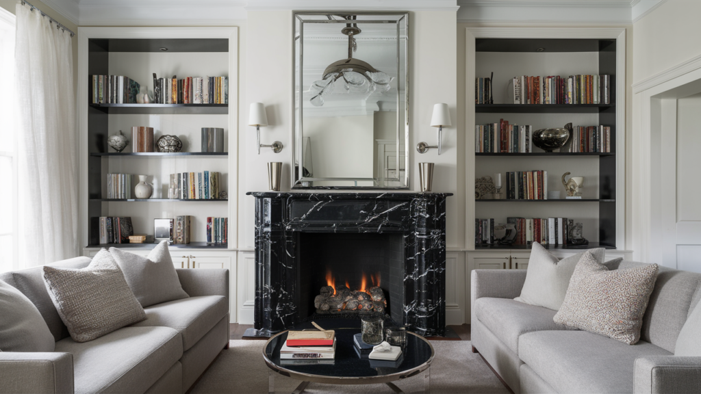 Glamorous Marble Fireplace With A Dramatic Black Marble