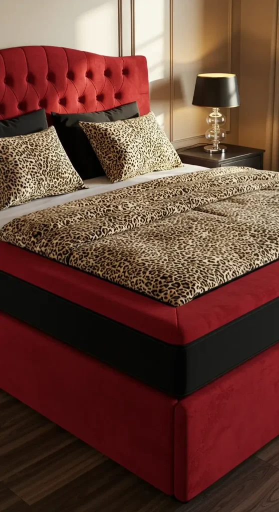 Luxurious Boudoir-Style Bedroom with Red and Cheetah Prints