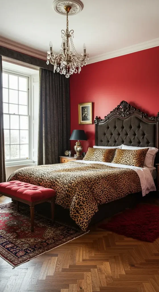 Luxurious Red and Cheetah Bedroom with Gold Accents