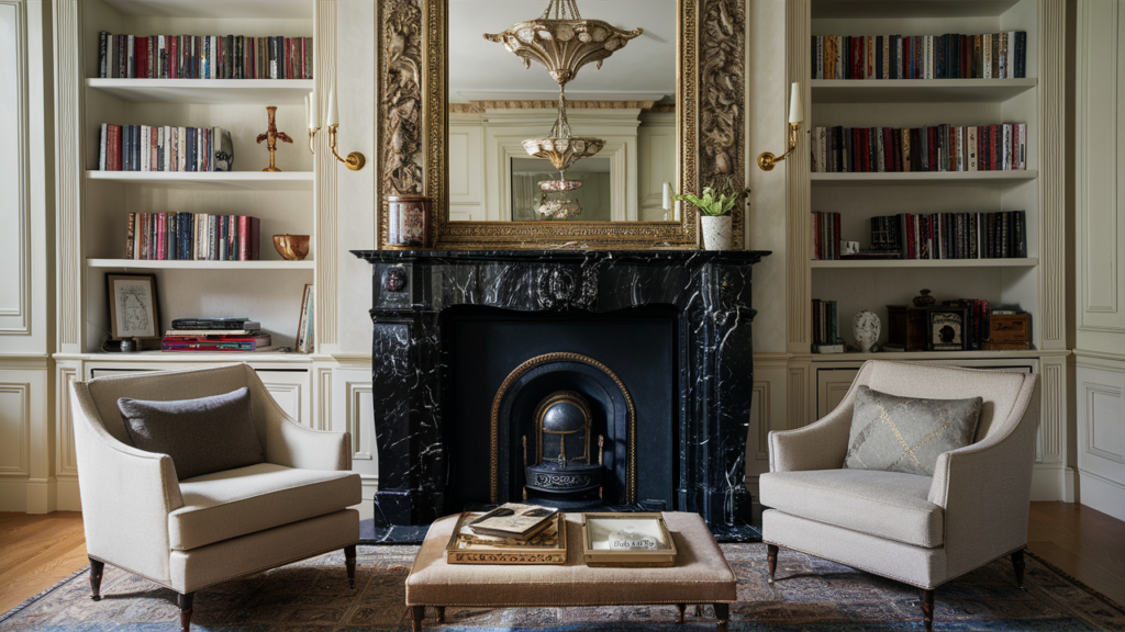 Luxurious Marble Fireplace In A Grand Living Room