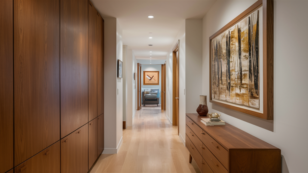 Mid-century Modern Hallway With Wooden Cabinetry