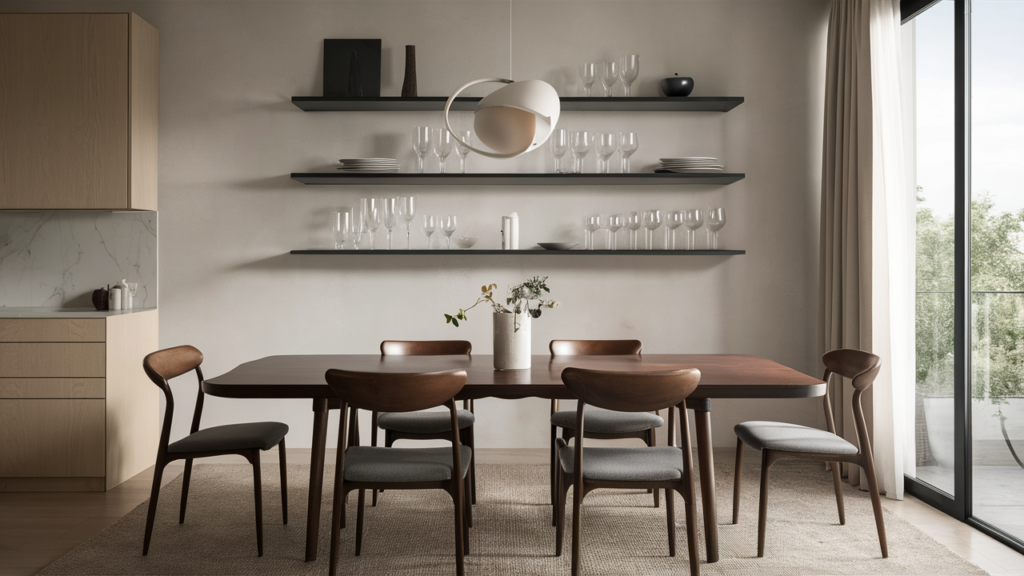 Minimalist Dining Room With Open Floating Shelves Displaying