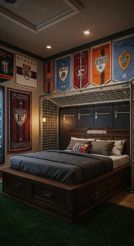 Modern Kids’ Sports Bedroom With Led Scoreboard Wall