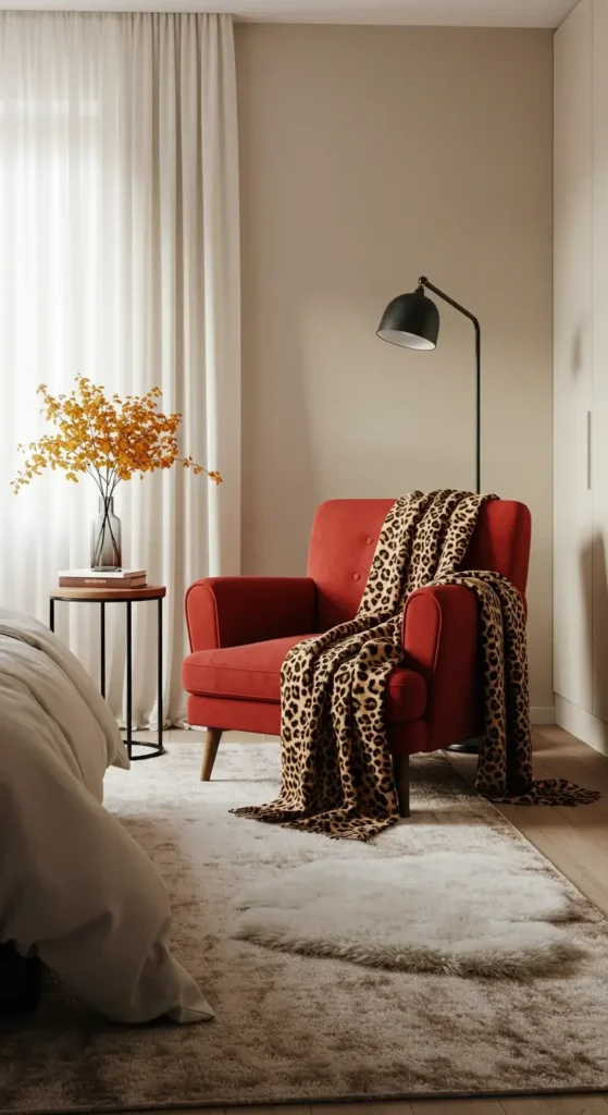 Moody Red Bedroom with Cheetah-Print Wallpaper