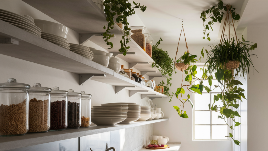 Open Shelving In A Modern Kitchen With White Ceramic Dishes