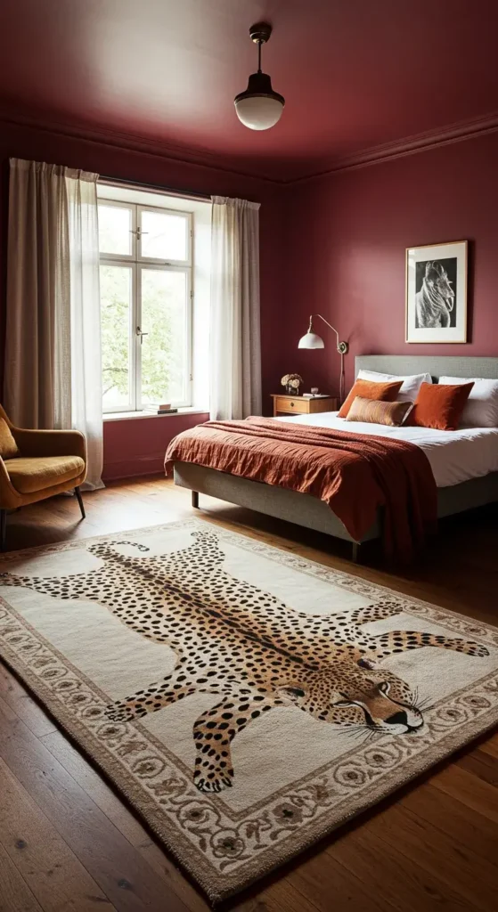 Parisian-Style Bedroom with Red Drapes and Cheetah Accents