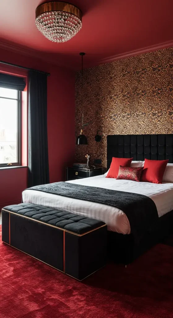 Romantic Red Bedroom with Cheetah Print Throw Pillows