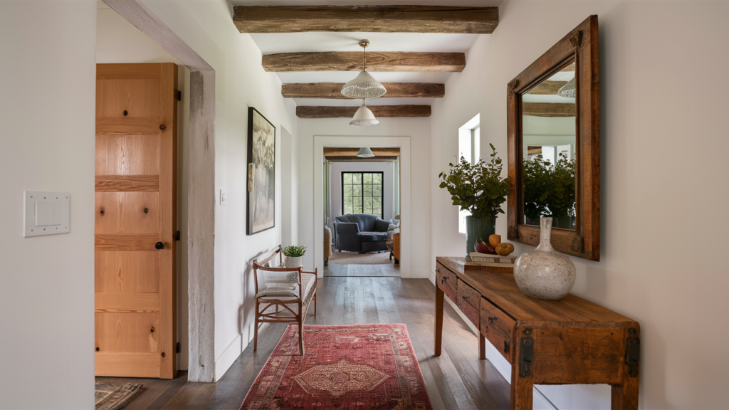 Rustic Hallway With Exposed Wooden Beams