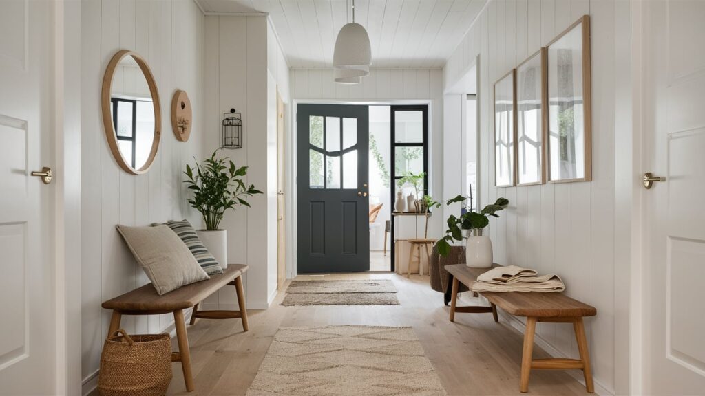 Scandi-inspired Entryway Featuring A Wooden Bench