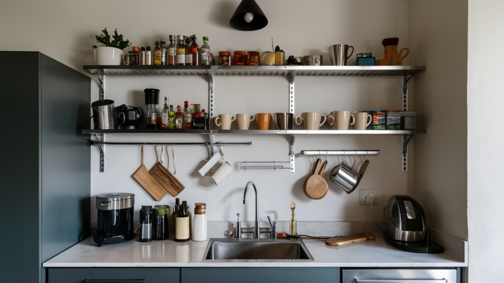 Small Minimalist Kitchen With Open Metal Shelving