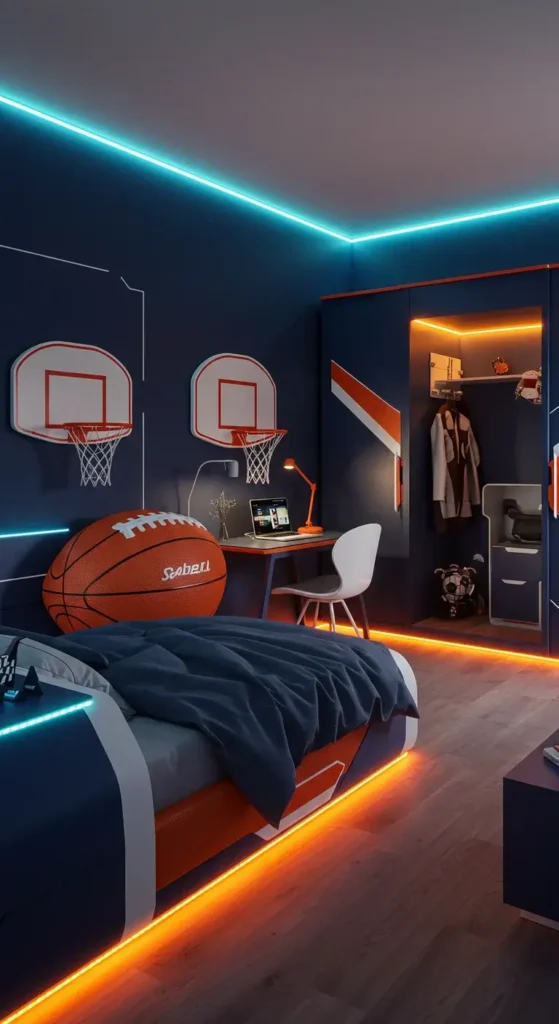 Sports Trophy Display Bedroom With Custom Shelving