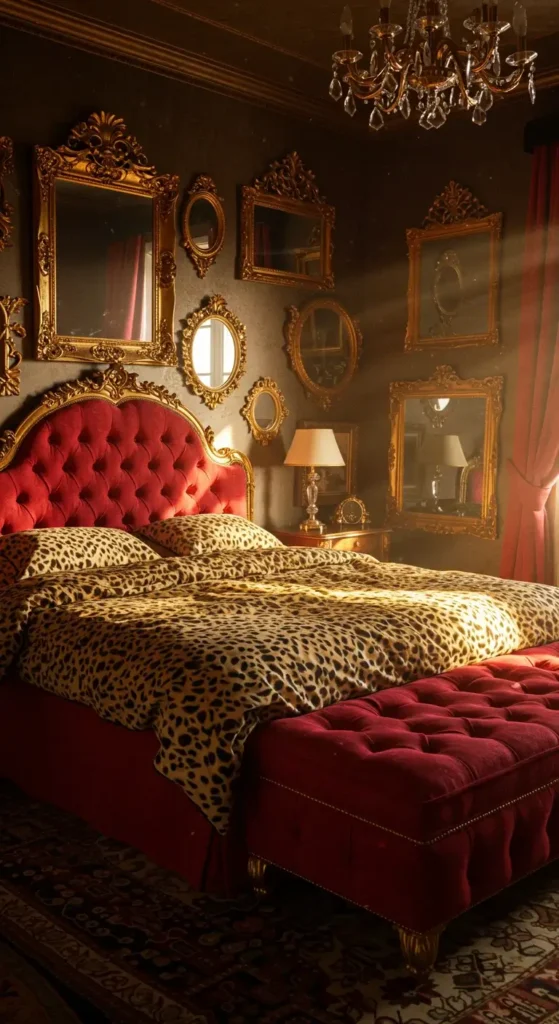 Stylish Red and Cheetah Bedroom with Gold-Framed Mirrors