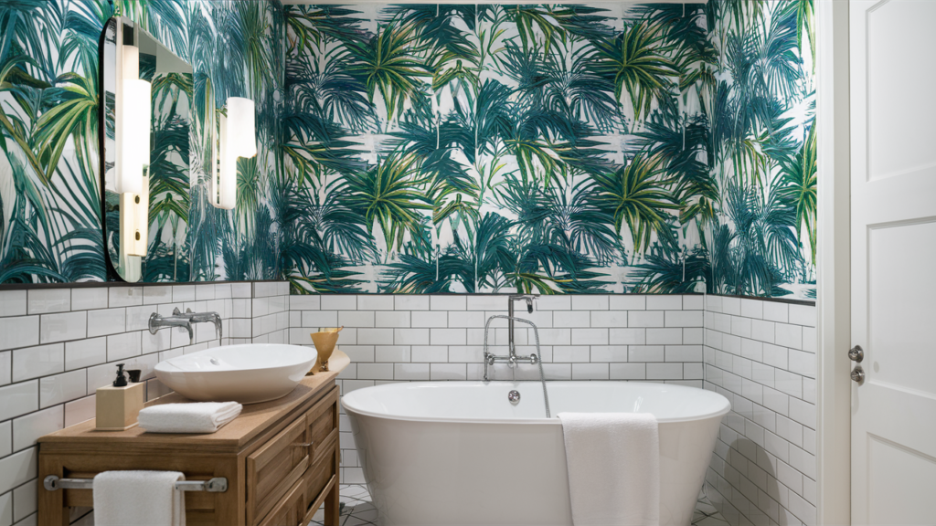 Tropical Palm Print Wallpaper In A Bathroom With White Subway Tiles