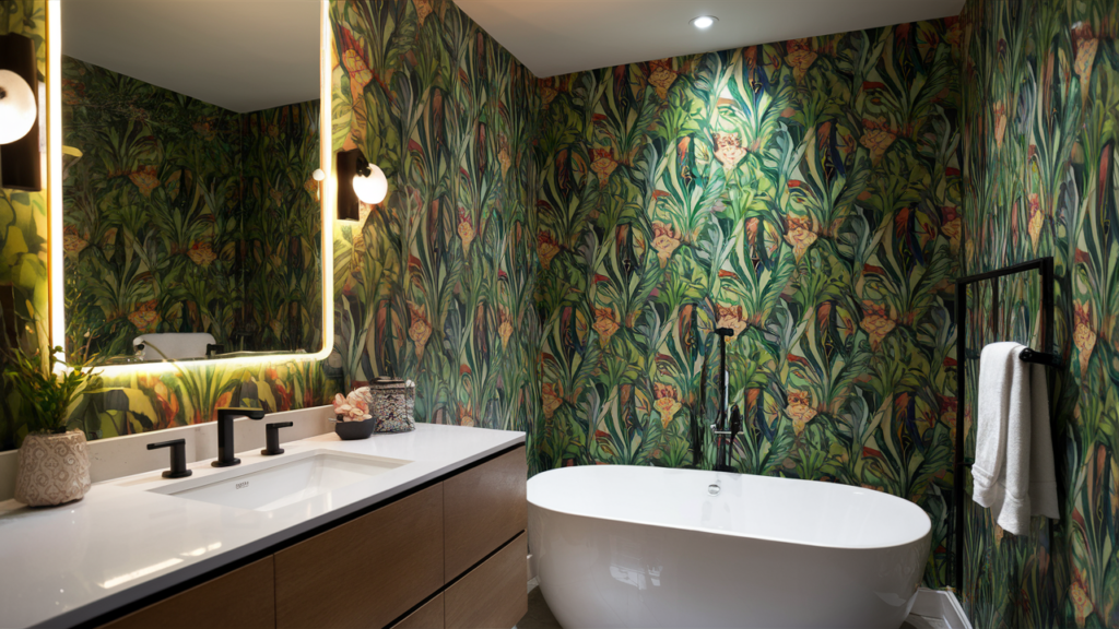 Vibrant Tropical Print Wallpaper In A Bathroom