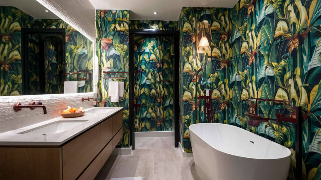 Vibrant Tropical Print Wallpaper In A Bathroom With Lush Greens