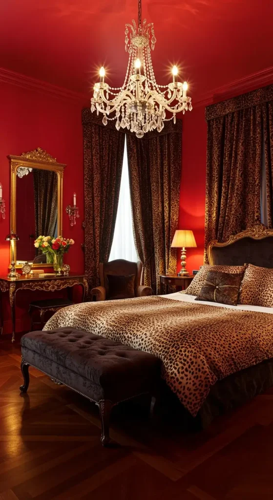 Vintage Hollywood Bedroom with Red Canopy and Cheetah Details