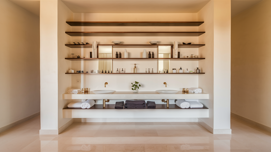 Bathroom With Open Shelving Above A Modern Vanity