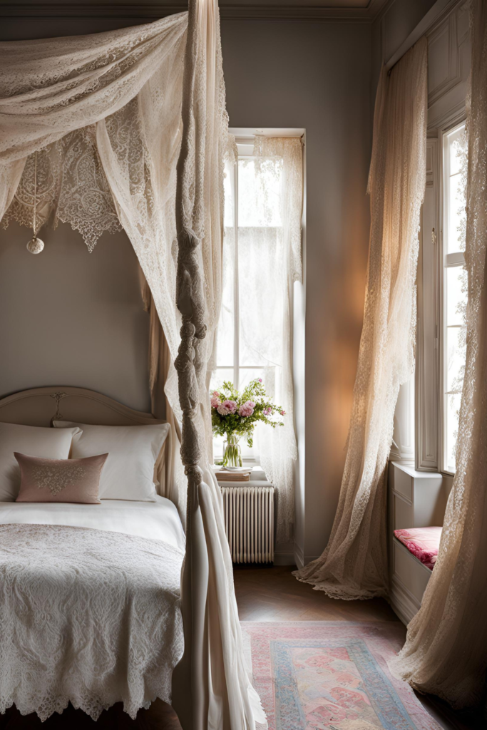 Bed With Embroidered Lace Curtains