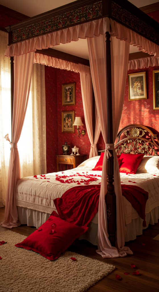 Bedroom Featuring Red And Pink Tones