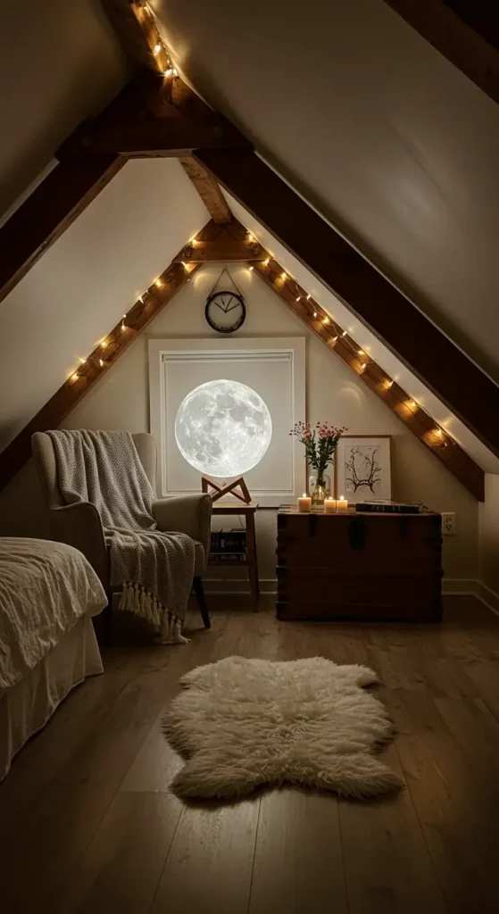 Bedroom With A Glowing Moon Lamp