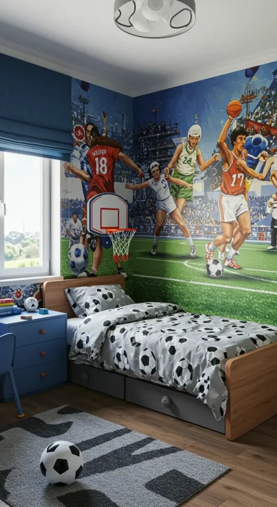 Bedroom With A Sports Theme, Featuring A Soccer Bed