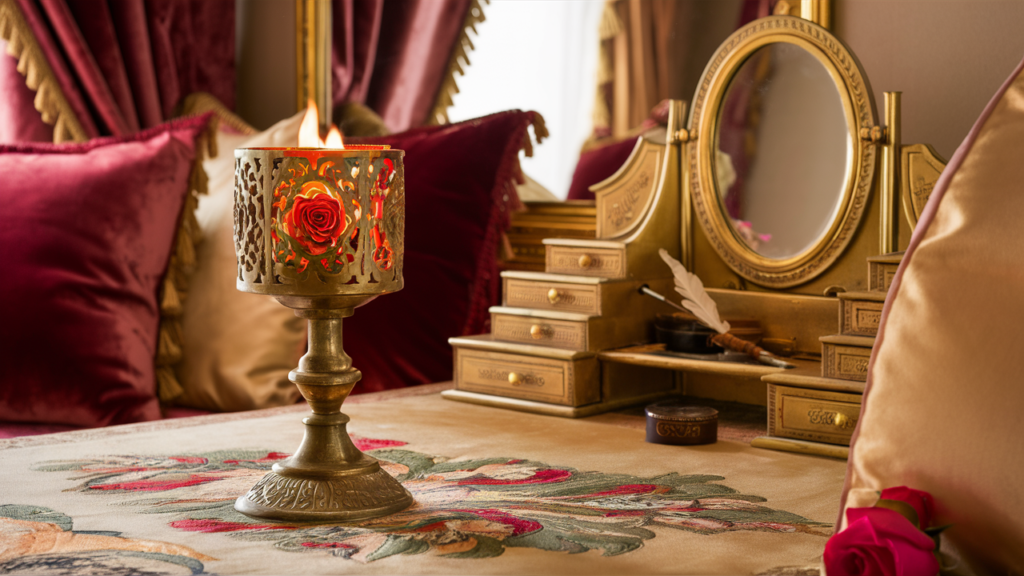 Elegant Guest Room Featuring A Vintage Brass Candle