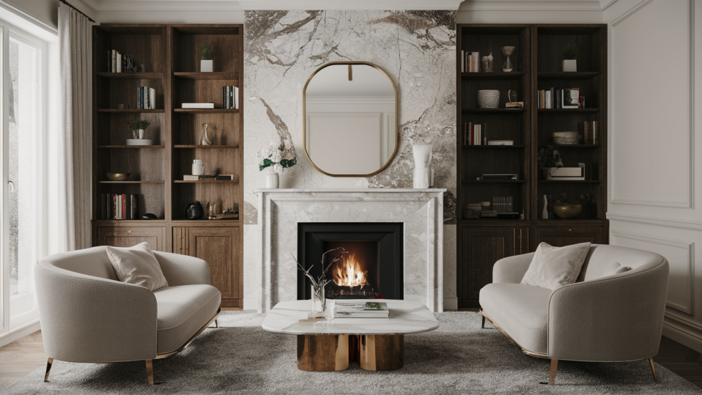 Fireplace Surround With A White And Grey Veined Marble