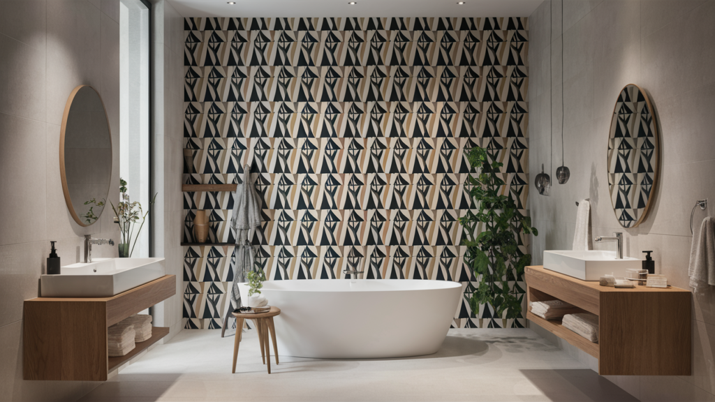 Geometric Wallpaper Featuring Black And White Patterns Bathroom