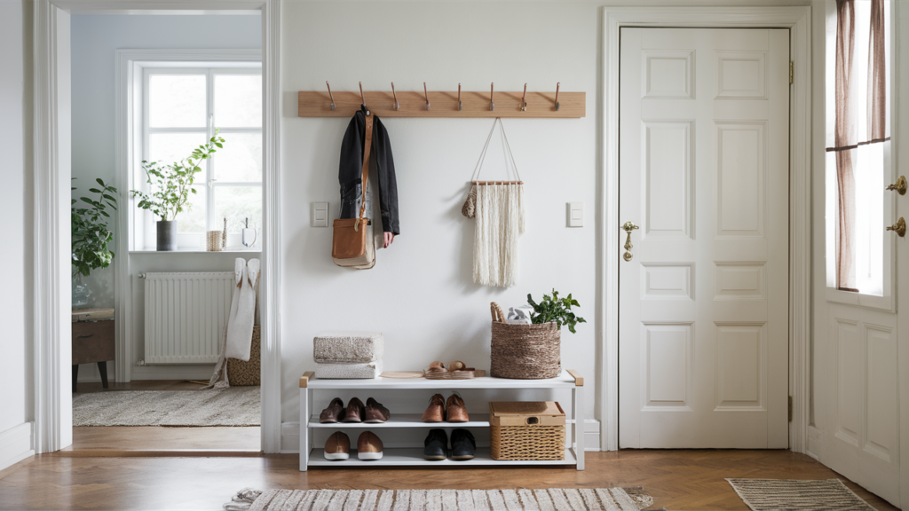 Hall With An Affordable Shoe Rack, Minimalist Storage Baskets