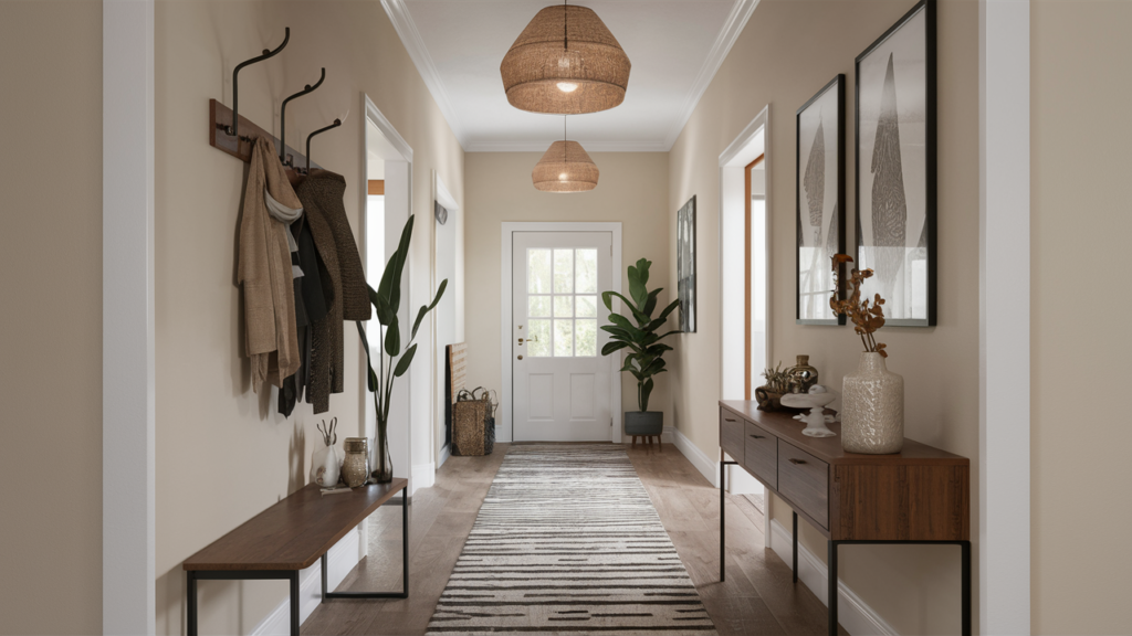 Hallway With A Sleek Coat Rack, Inexpensive Lighting Fixtures