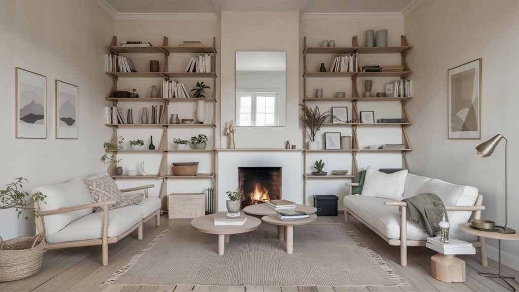 Living Room With Open Shelving Displaying Curated Decorative Items