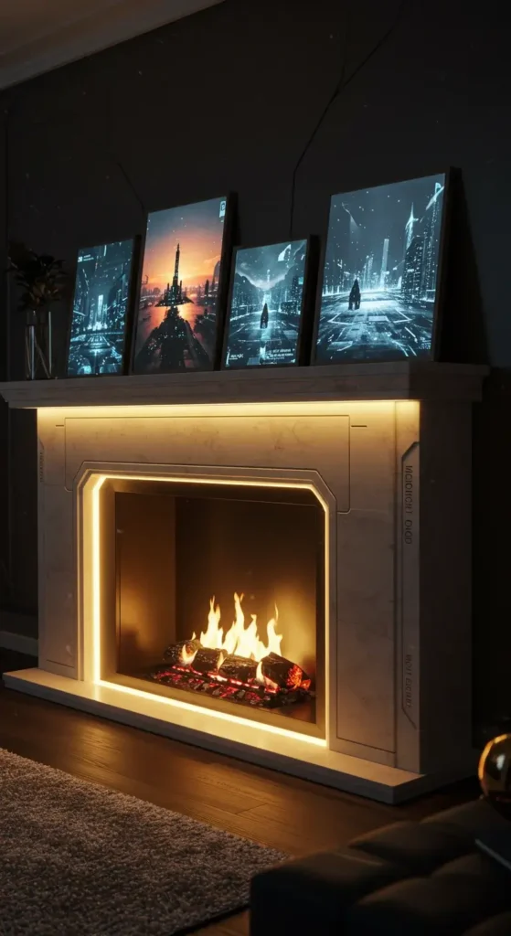 Mantle With Digital Art Frames  Smart Led Lighting