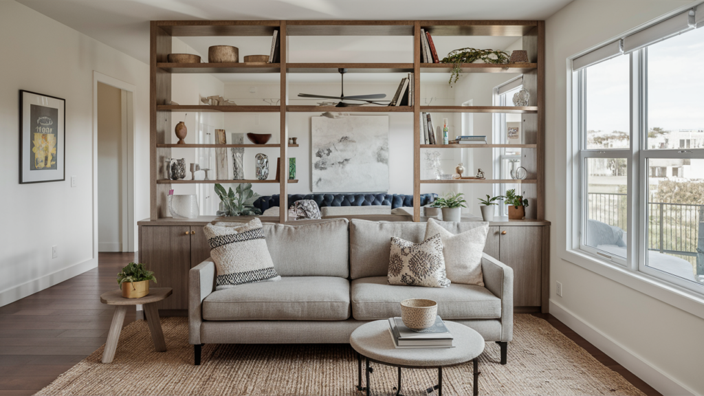 Open Shelves To Divide The Space, Offering Both Storage