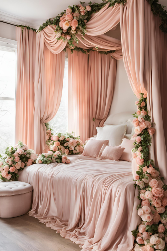 A Romantic Canopy Bed With Cascading Silk